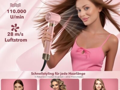 8-in-1 Airstyler – Haartrockner mit Dualspannung und Föhnbürste, inkl. Reisetasche. Automatischer Lockenaufsatz (L/R), schnelles Trocknen, frizzfreies Volumen & Styling ohne Hitzeschäden