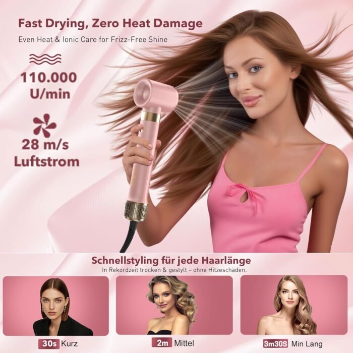 8-in-1 Airstyler – Haartrockner mit Dualspannung und Föhnbürste, inkl. Reisetasche. Automatischer Lockenaufsatz (L/R), schnelles Trocknen, frizzfreies Volumen & Styling ohne Hitzeschäden