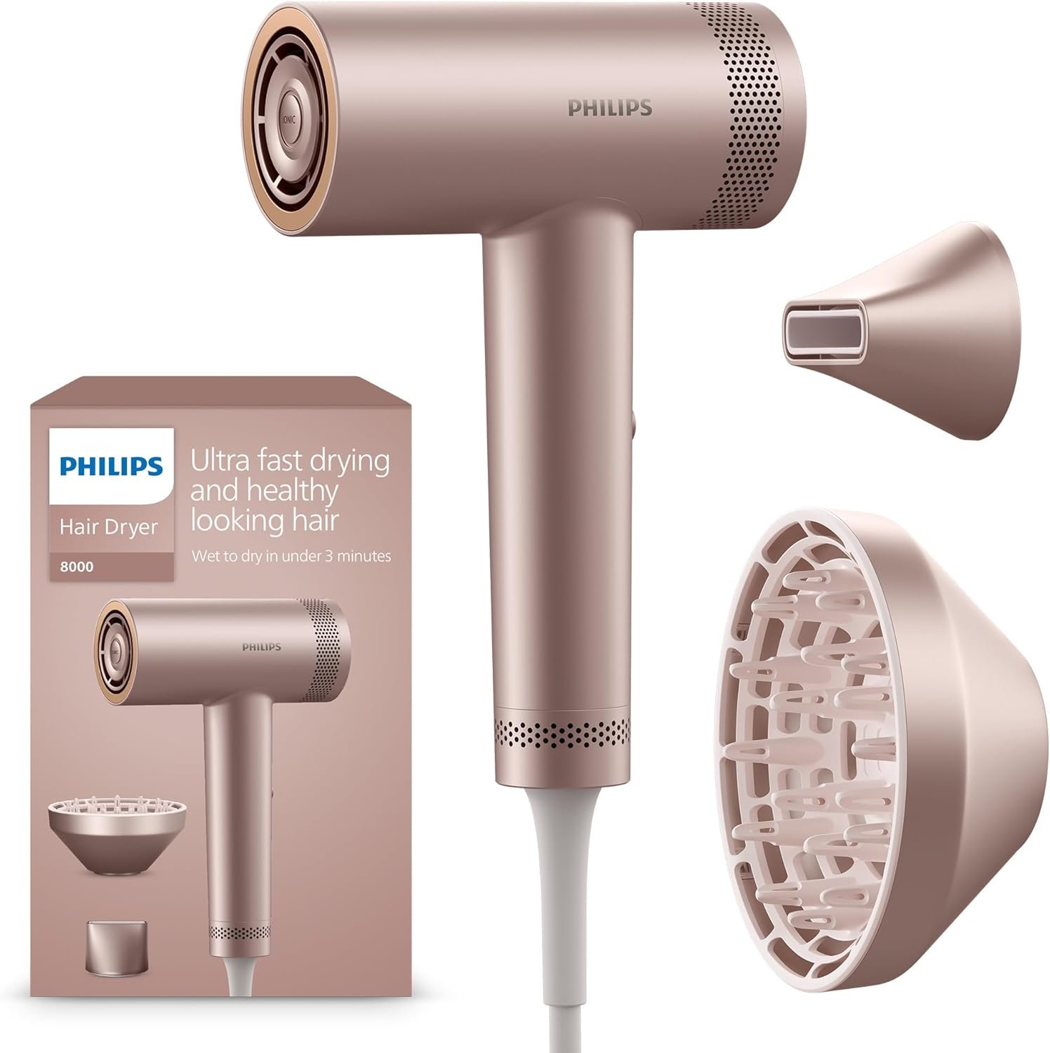 71Jbup_HDEL._AC_SL1500 Philips Hochgeschwindigkeits-Haartrockner Serie 8000, ThermoShield Advanced, Ionic, Stylingdüse & Diffusor, Kopfhautpflege, 1400 W, Rose Champagne, Modell BHD837/10