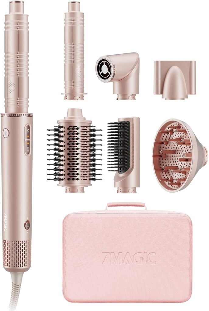 7MAGIC 7 in 1 Airstyler, Professioneller Hairstyler Set, 110000 U/Min, 1400W, Rundbürstenföhn, Lockenstab Auto-Wrap, Glätteisen, Ionen Föhn, Zum Styling, Volumisieren, Locken und Glätten, mit Reisebox