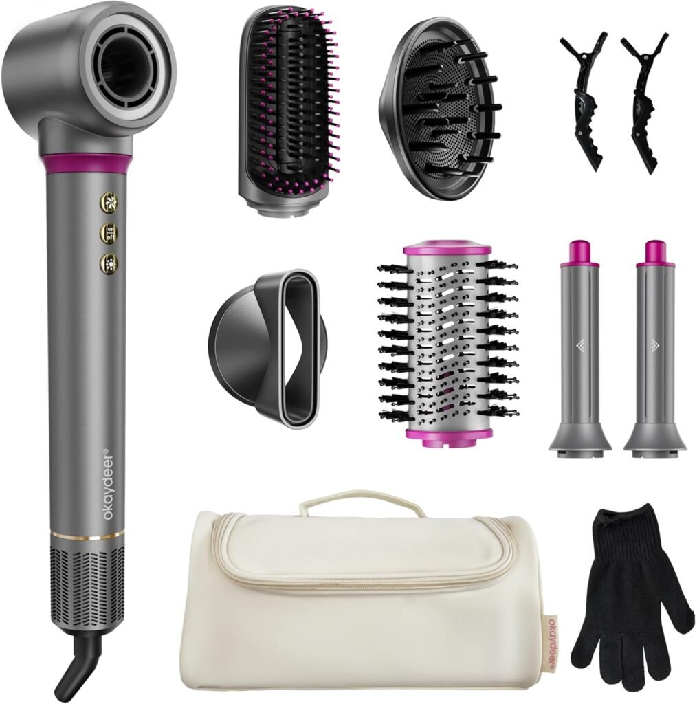 7-in-1 Hairstyler, Airstyler, Lockenstab Auto-Wrap, Ionen Föhn, Keine Hitzeschäden, Schnelltrocknendes & Flusenfrei Styling, Professioneller Rundbürstenföhn, Glätteisen mit Reisetasche