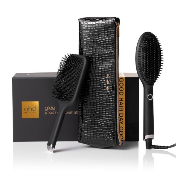 ghd Glide Festliches Geschenkset – Glättende Heißbürste mit Paddelbürste und hitzebeständiger Tasche, krausfreies Finish