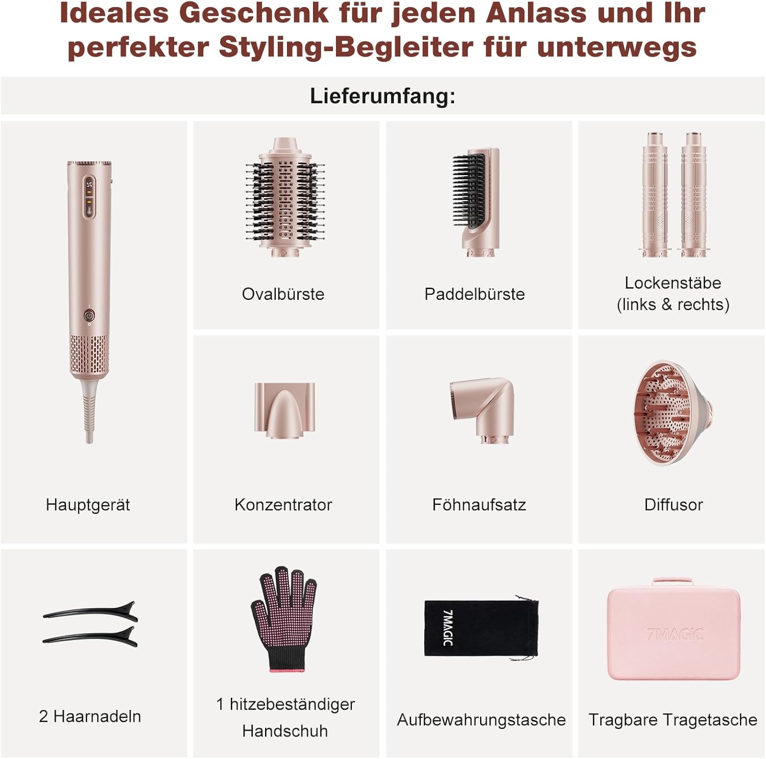 7MAGIC 7 in 1 Airstyler, Professioneller Hairstyler Set, 110000 U/Min, 1400W, Rundbürstenföhn, Lockenstab Auto-Wrap, Glätteisen, Ionen Föhn, Zum Styling, Volumisieren, Locken und Glätten, mit Reisebox
