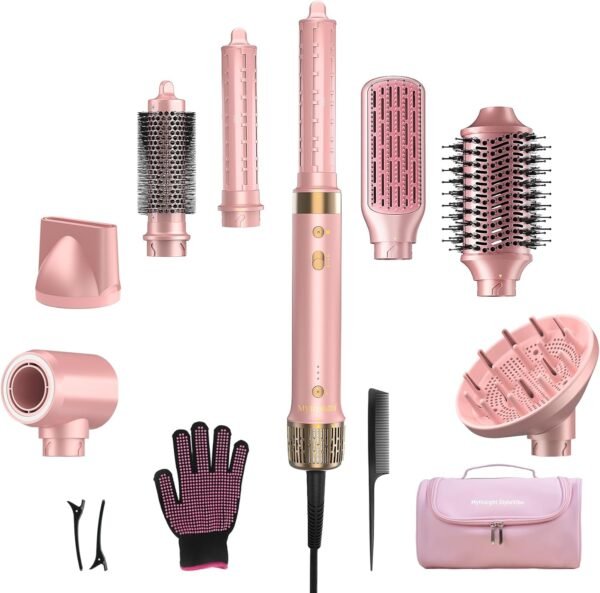 8-in-1 Airstyler – Haartrockner mit Dualspannung und Föhnbürste, inkl. Reisetasche. Automatischer Lockenaufsatz (L/R), schnelles Trocknen, frizzfreies Volumen & Styling ohne Hitzeschäden