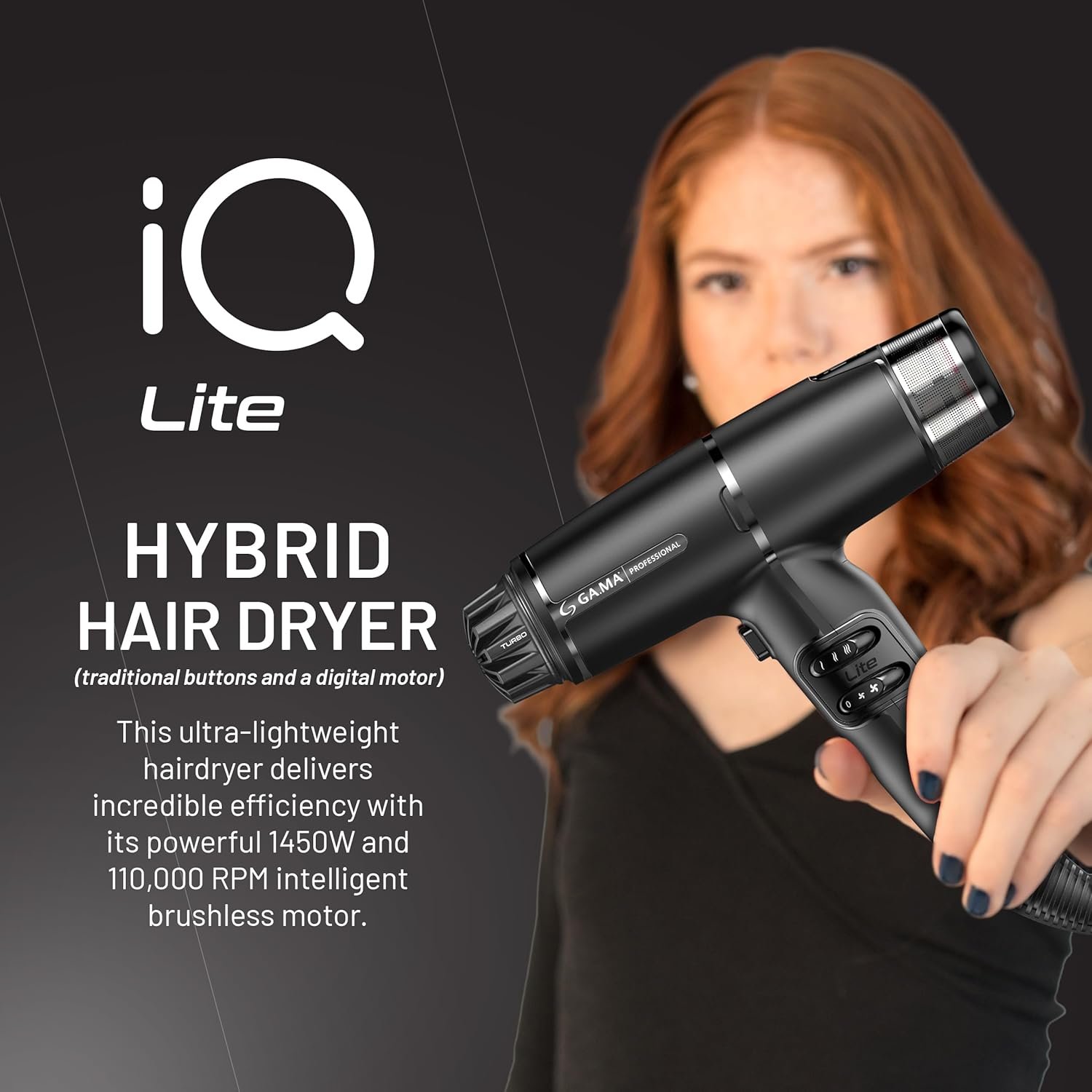 Gama Italy Professional Haartrockner iQ Lite – Leistung 1600W, 110.000 U/min – Oxy Active Technologie für Glanz und langanhaltende Farbergebnisse – Doppelter Filter – Ultraleicht 316g (Schwarz)