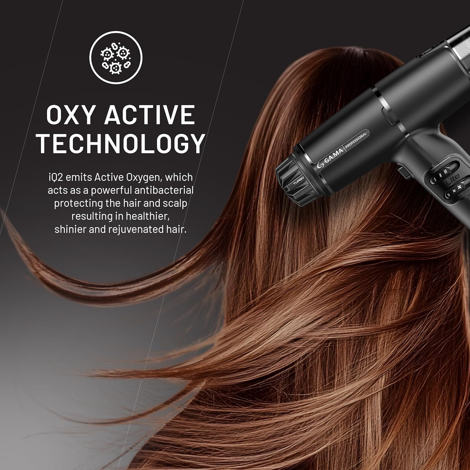 Gama Italy Professional Haartrockner iQ Lite – Leistung 1600W, 110.000 U/min – Oxy Active Technologie für Glanz und langanhaltende Farbergebnisse – Doppelter Filter – Ultraleicht 316g (Schwarz)