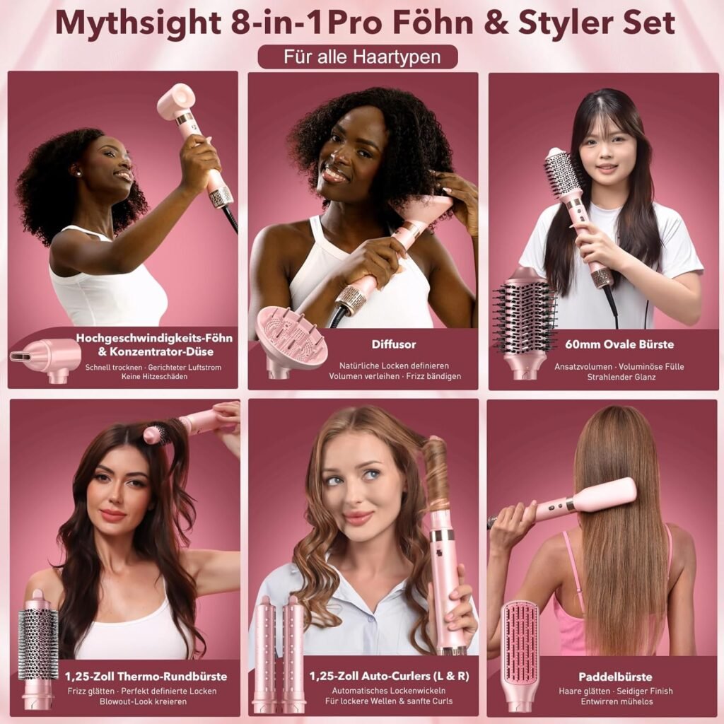8-in-1 Airstyler – Haartrockner mit Dualspannung und Föhnbürste, inkl. Reisetasche. Automatischer Lockenaufsatz (L/R), schnelles Trocknen, frizzfreies Volumen & Styling ohne Hitzeschäden