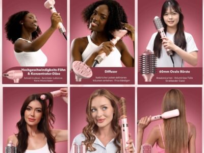 8-in-1 Airstyler – Haartrockner mit Dualspannung und Föhnbürste, inkl. Reisetasche. Automatischer Lockenaufsatz (L/R), schnelles Trocknen, frizzfreies Volumen & Styling ohne Hitzeschäden