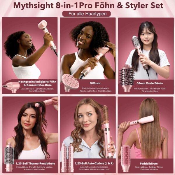 8-in-1 Airstyler – Haartrockner mit Dualspannung und Föhnbürste, inkl. Reisetasche. Automatischer Lockenaufsatz (L/R), schnelles Trocknen, frizzfreies Volumen & Styling ohne Hitzeschäden