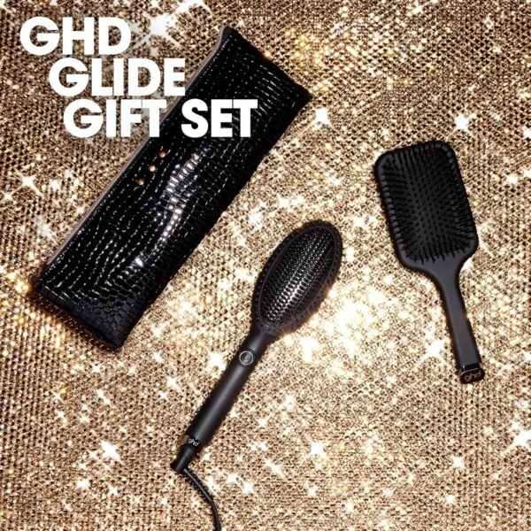 ghd Glide Festliches Geschenkset – Glättende Heißbürste mit Paddelbürste und hitzebeständiger Tasche, krausfreies Finish